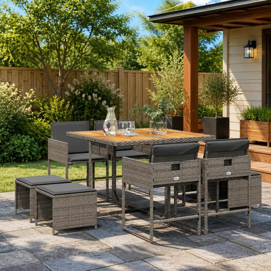 Garden Dining Set 9 Piece Grey Poly Rattan Outdoor Furniture Patio Table Chairs