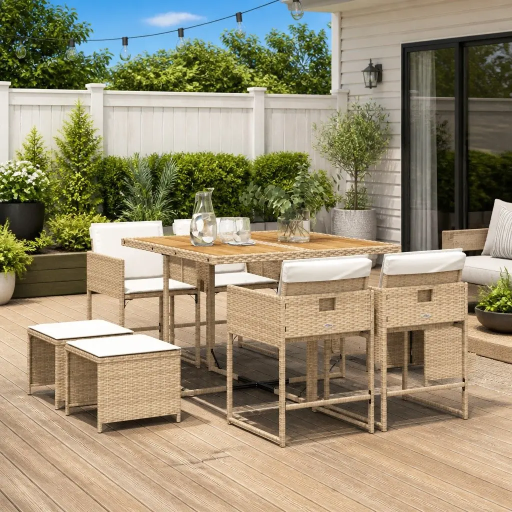 Garden Dining Set Beige 9 Piece Outdoor Furniture with Cushions PE Rattan Acacia Wood Table