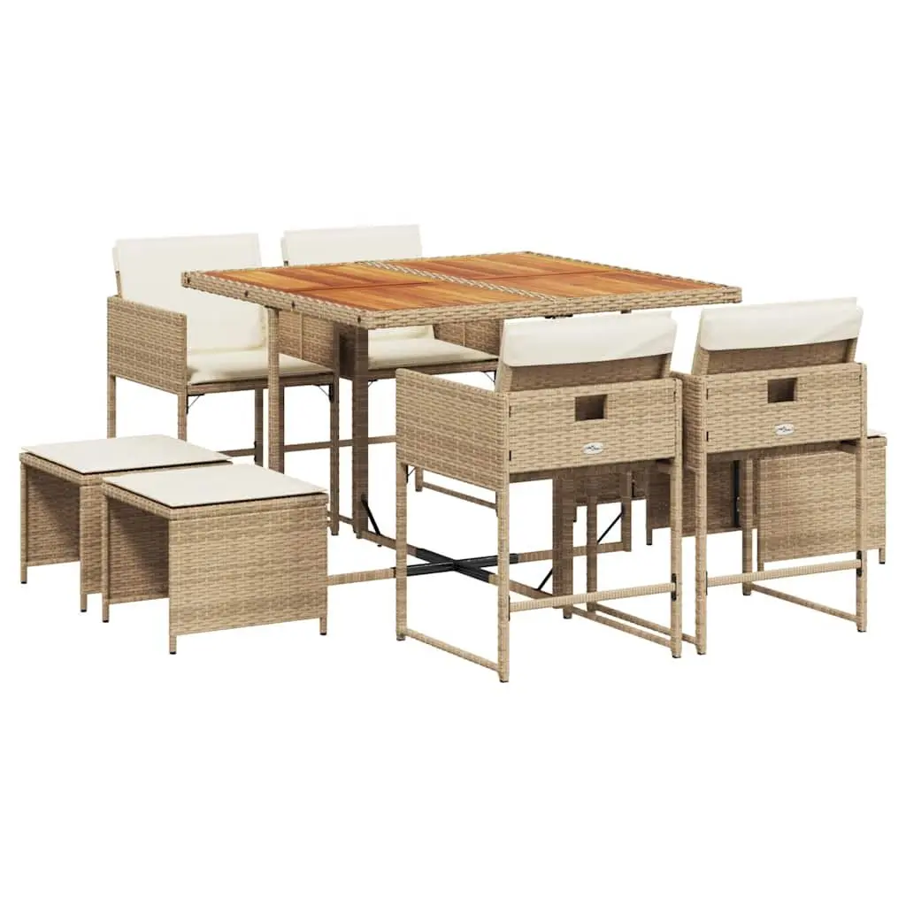 Garden Dining Set Beige 9 Piece Outdoor Furniture with Cushions PE Rattan Acacia Wood Table