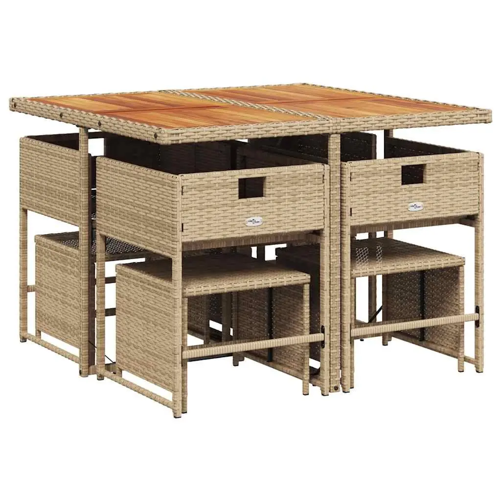 Garden Dining Set Beige 9 Piece Outdoor Furniture with Cushions PE Rattan Acacia Wood Table