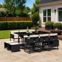 11 Piece Garden Dining Set Outdoor Patio Furniture Black PE Rattan Chairs Table