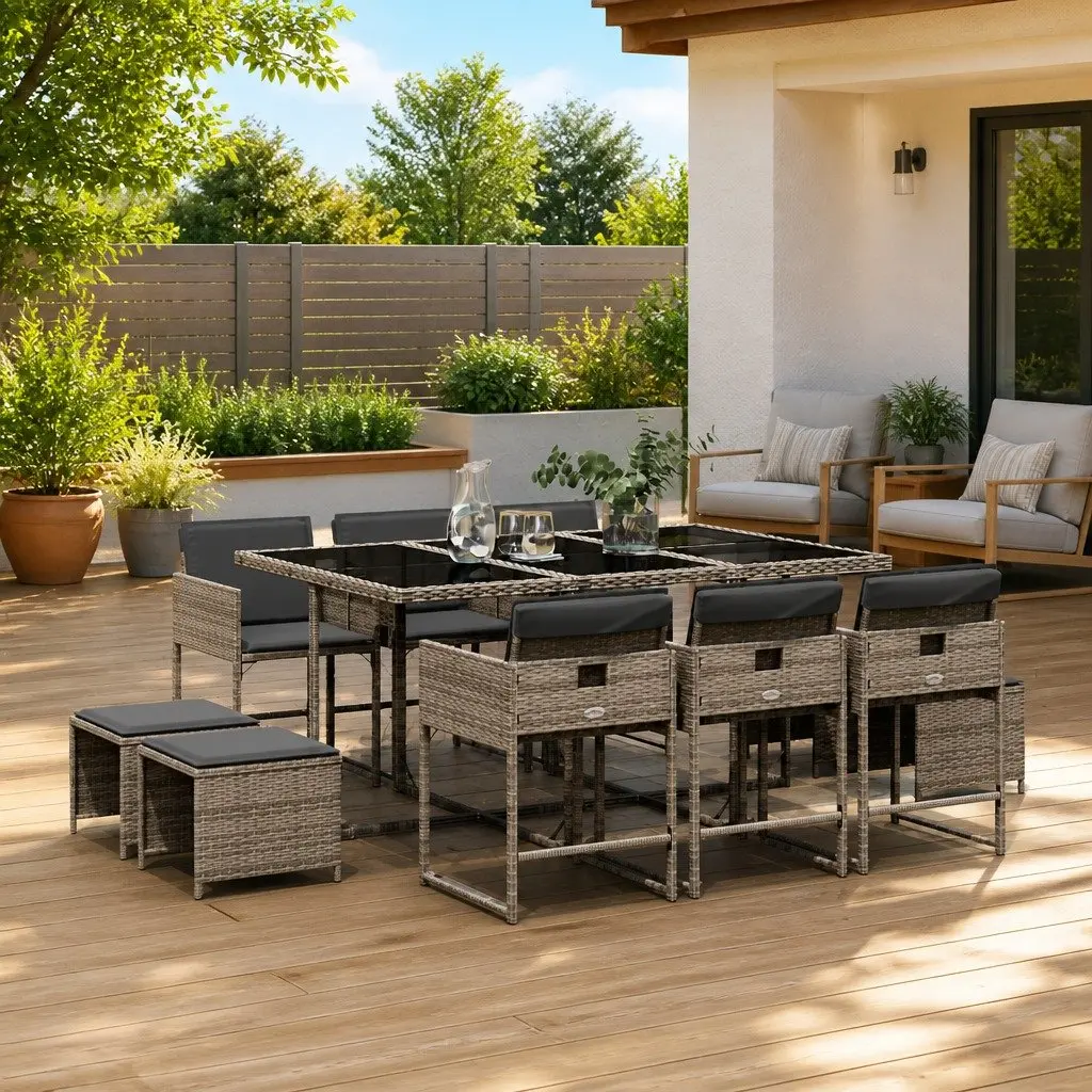 Garden Dining Set 11 Piece Outdoor Furniture Grey PE Rattan Table Chairs