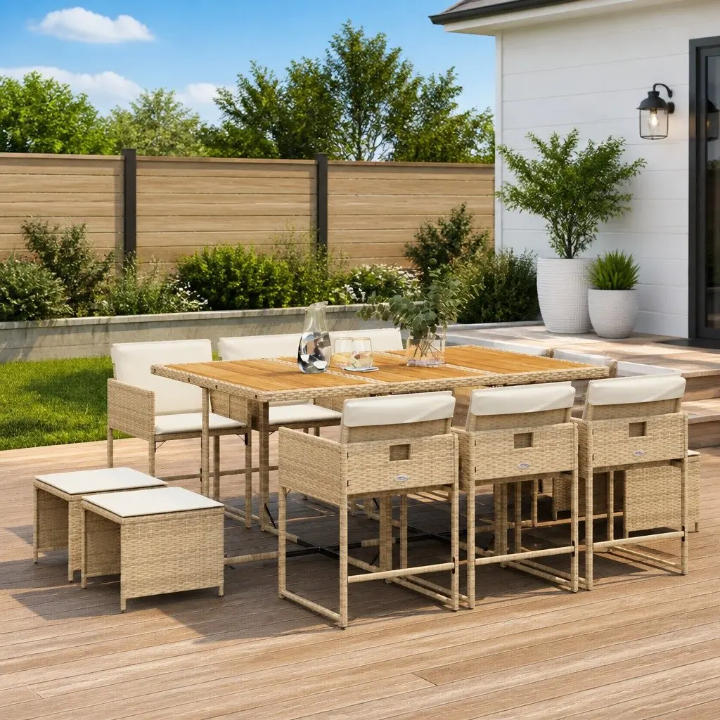 Garden Dining Set Beige 11 Piece Outdoor Furniture with Cushions Acacia Wood Table