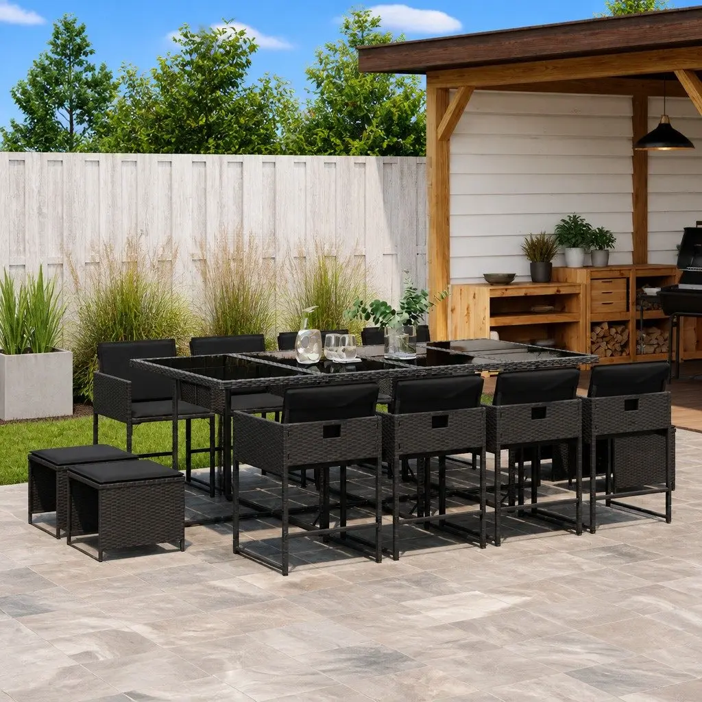 13 Piece Black Poly Rattan Dining Set