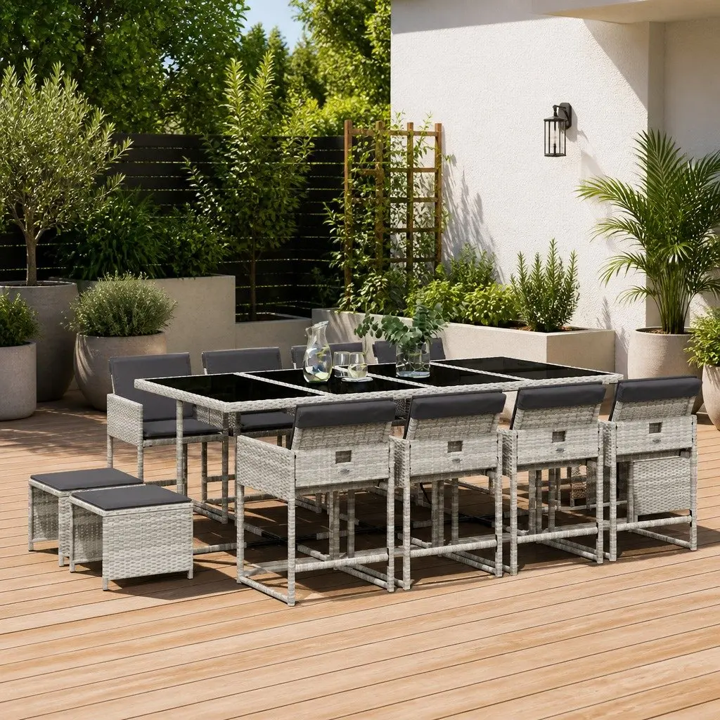 Garden Dining Set 13 Piece Outdoor Furniture Grey Poly Rattan with Cushions
