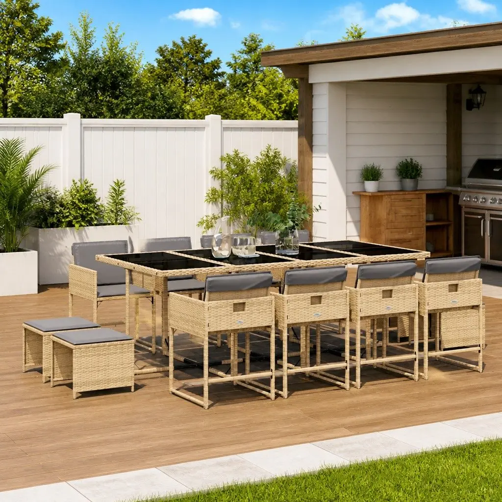 Garden Dining Set Beige 13 Piece Outdoor Furniture Poly Rattan Chairs Table