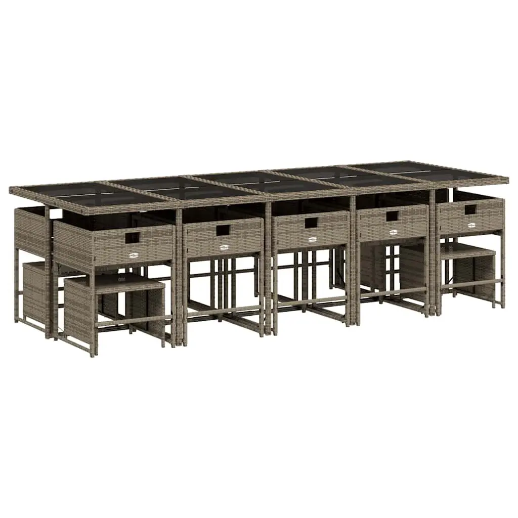 Grey Poly Rattan Garden Dining Set 15 Piece Outdoor Furniture Patio Table with Tempered Glass Top and Removable Washable Cushion Covers