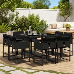 Compact 9-Piece Dining Set with Black Rattan Chairs
