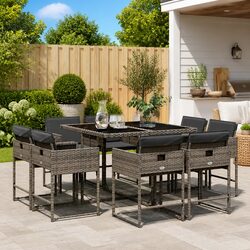 9 Piece Grey Rattan Outdoor Dining Set – Compact and Durable