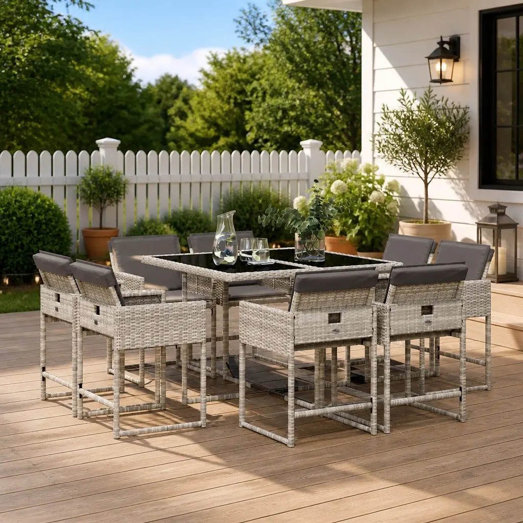 Garden Dining Set 9 Piece Outdoor Furniture Grey Poly Rattan with Cushions