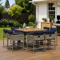 9 Piece Outdoor Dining Set Grey Poly Rattan Garden Furniture with Cushions