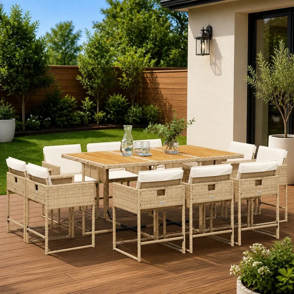 Garden Dining Set Beige 11 Piece Outdoor Furniture Poly Rattan Table Chairs