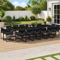 17-Piece Outdoor Dining Set with Black Cushions and Glass Top