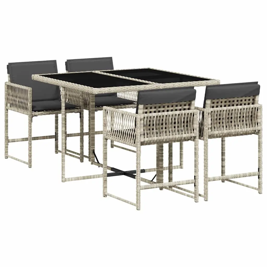 Outdoor Dining Set 5 Piece Grey Poly Rattan with Cushions Folding Chairs Tempered Glass Table