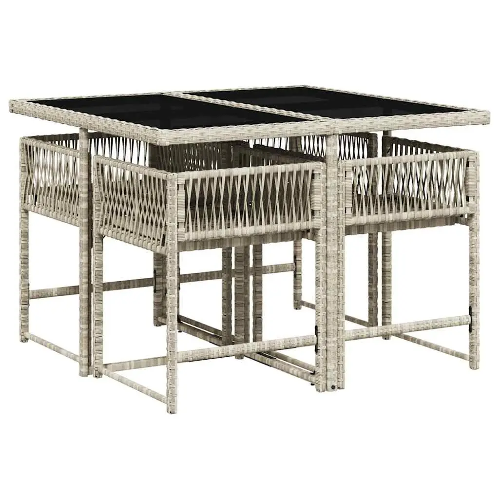 Outdoor Dining Set 5 Piece Grey Poly Rattan with Cushions Folding Chairs Tempered Glass Table