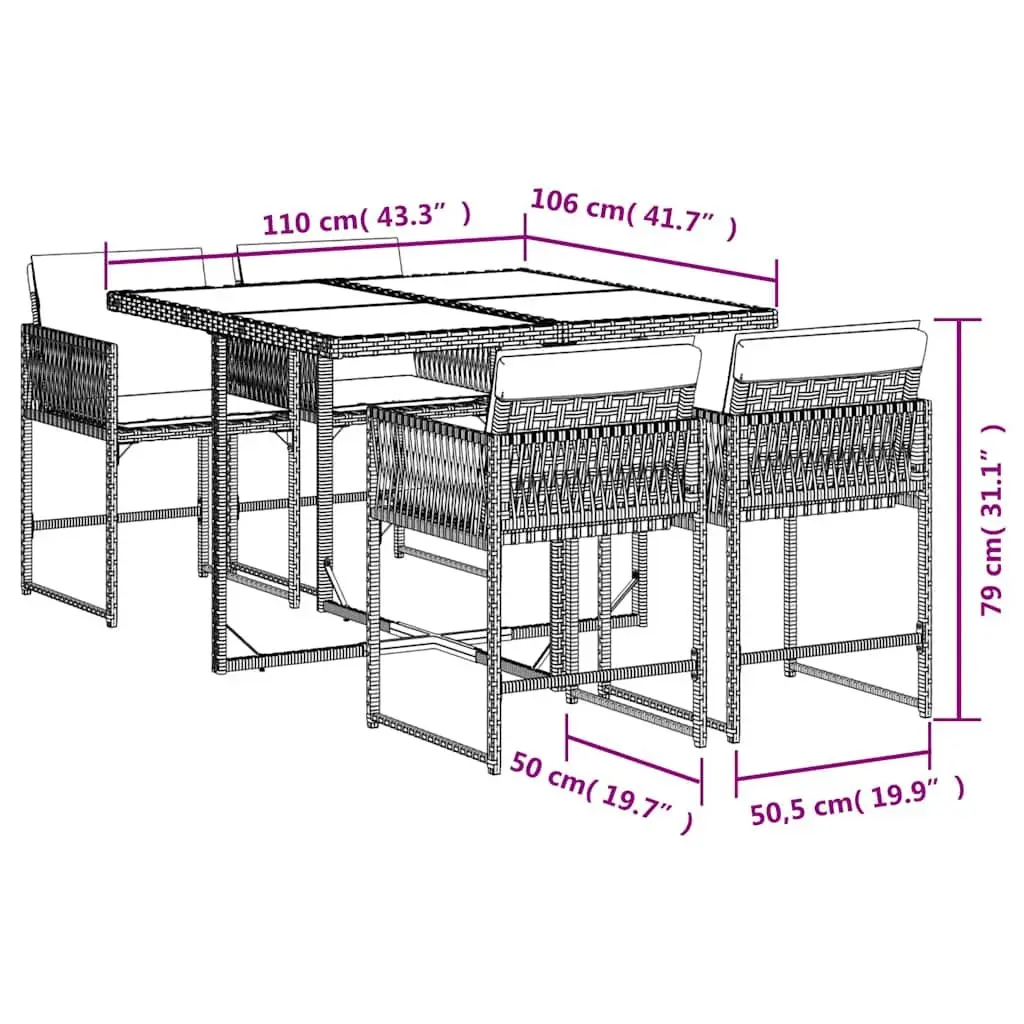 Outdoor Dining Set 5 Piece Grey Poly Rattan with Cushions Folding Chairs Tempered Glass Table