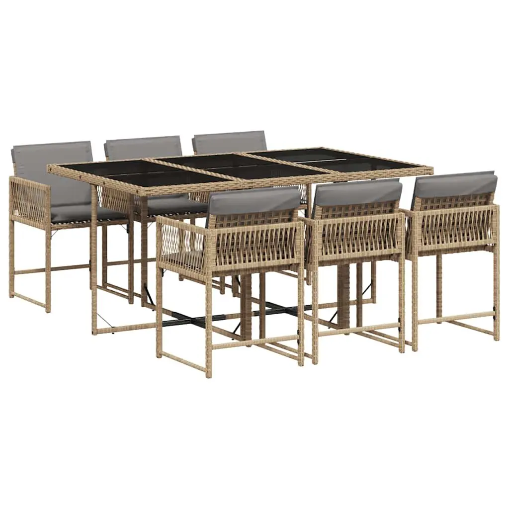 7 Piece Garden Dining Set Beige Poly Rattan Outdoor Patio Furniture with Tempered Glass Top and Padded Cushions