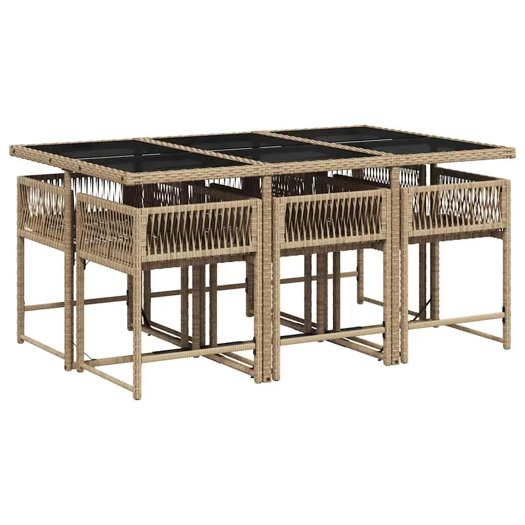7 Piece Garden Dining Set Beige Poly Rattan Outdoor Patio Furniture with Tempered Glass Top and Padded Cushions