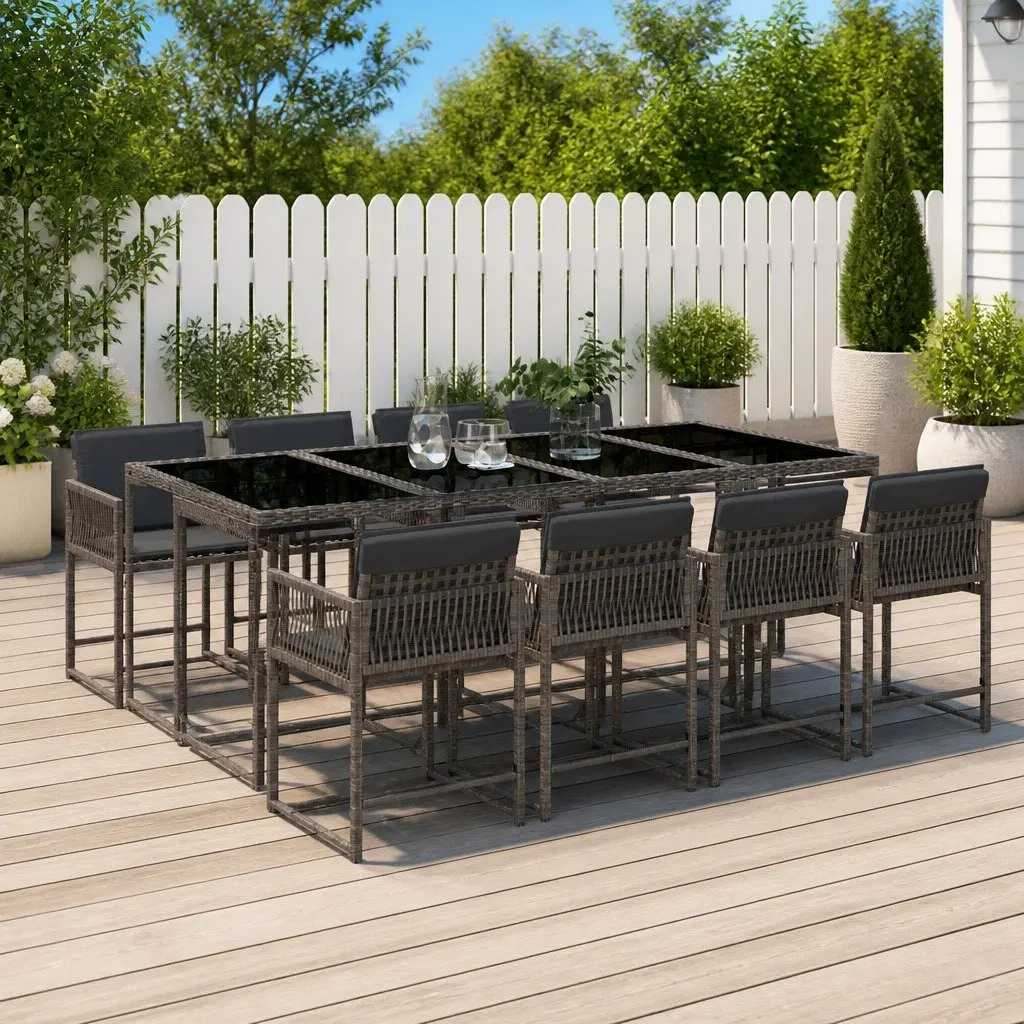 9 Piece Outdoor Dining Set Grey Poly Rattan with Cushions
