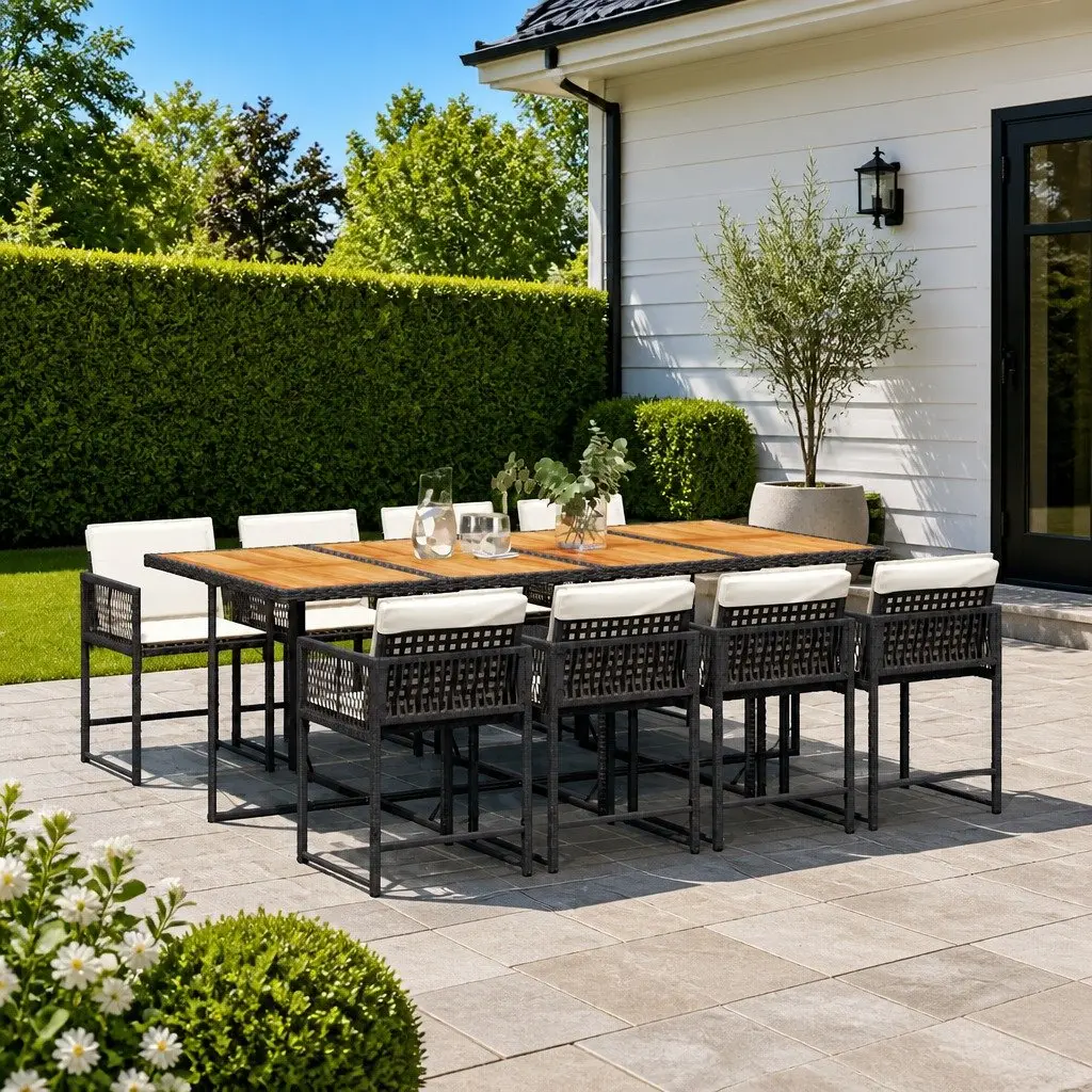 Garden Dining Set Black 9 Piece Outdoor Patio Furniture PE Rattan Acacia Wood Table Folding Chairs Padded Cushions