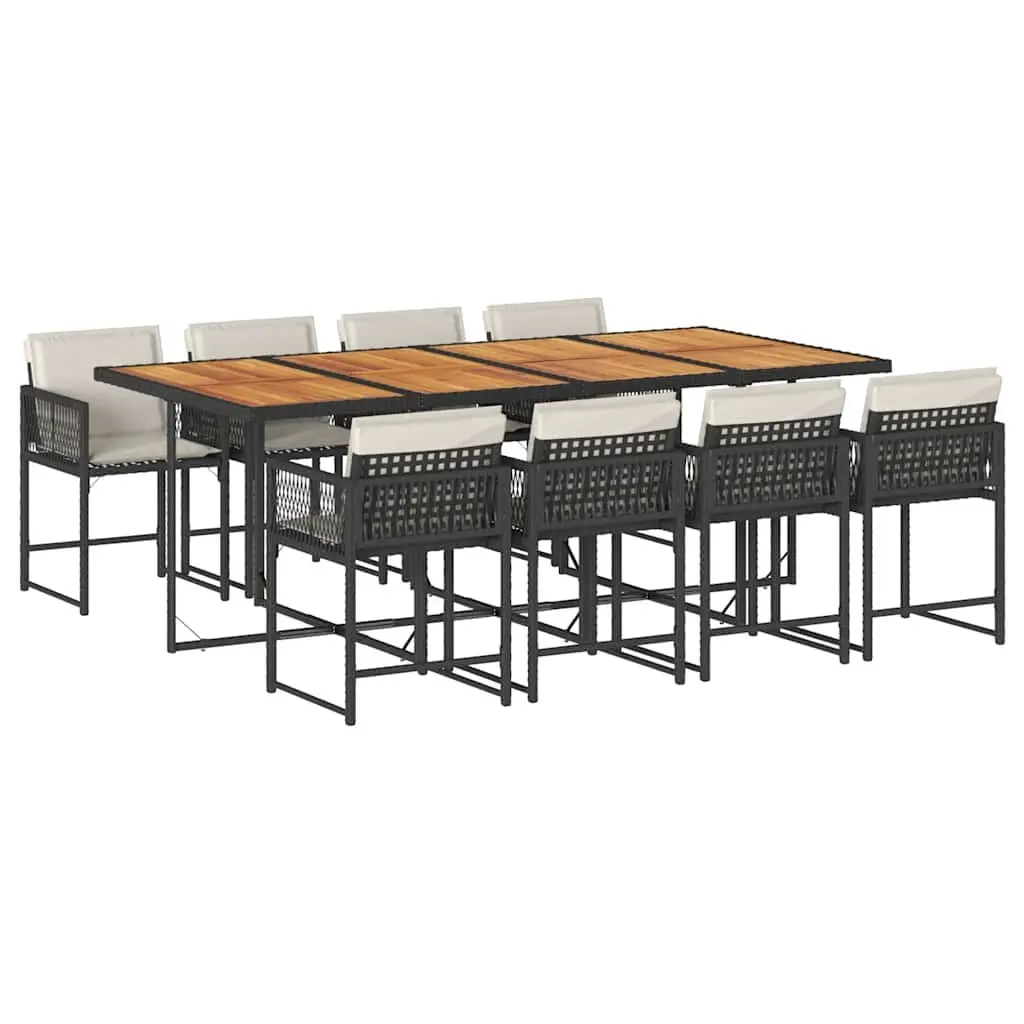 Garden Dining Set Black 9 Piece Outdoor Patio Furniture PE Rattan Acacia Wood Table Folding Chairs Padded Cushions