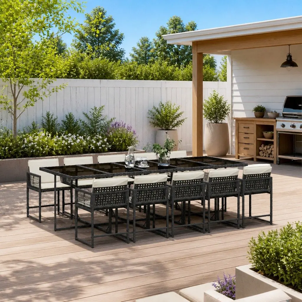 11 Piece Garden Dining Set Black PE Rattan with Cushions Foldable Backrests