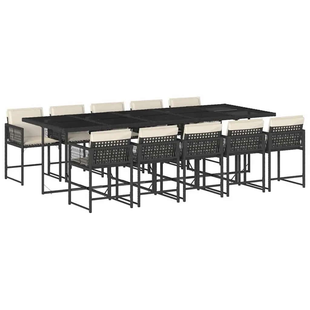 11 Piece Garden Dining Set Black PE Rattan with Cushions Foldable Backrests