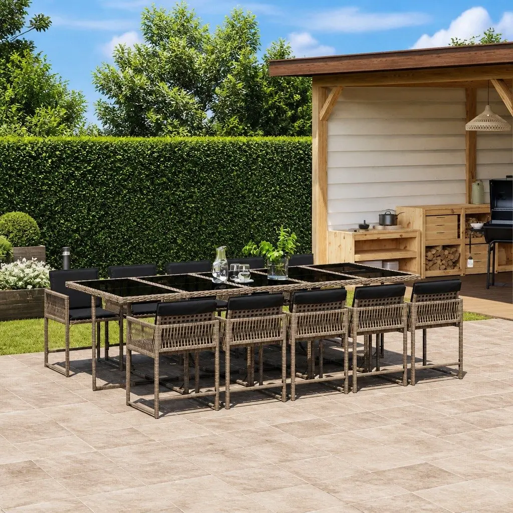 11 Piece Outdoor Dining Set Grey Poly Rattan Furniture with Cushions Foldable Chair Backrests Tempered Glass Tabletop