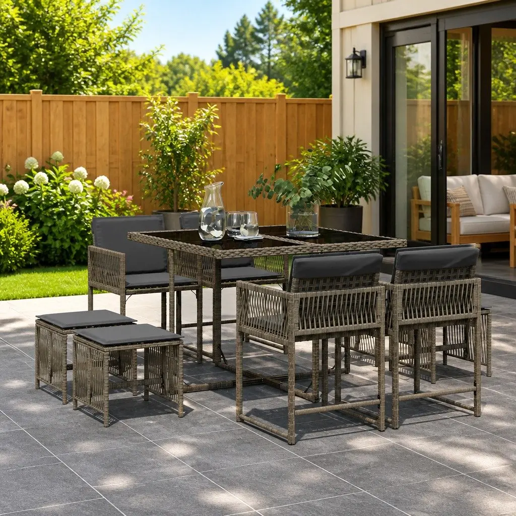 Garden Dining Set Grey 9 Piece Outdoor Furniture PE Rattan Chairs Table Tempered Glass Top