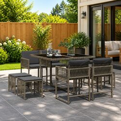 Garden Dining Set 9 Piece Outdoor Furniture Grey Poly Rattan Chairs Table Patio