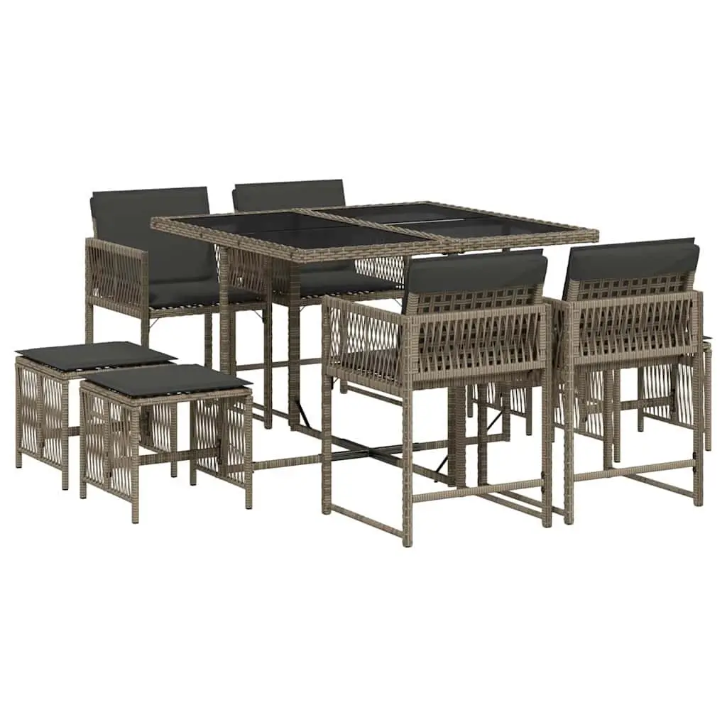 Garden Dining Set Grey 9 Piece Outdoor Furniture PE Rattan Chairs Table Tempered Glass Top