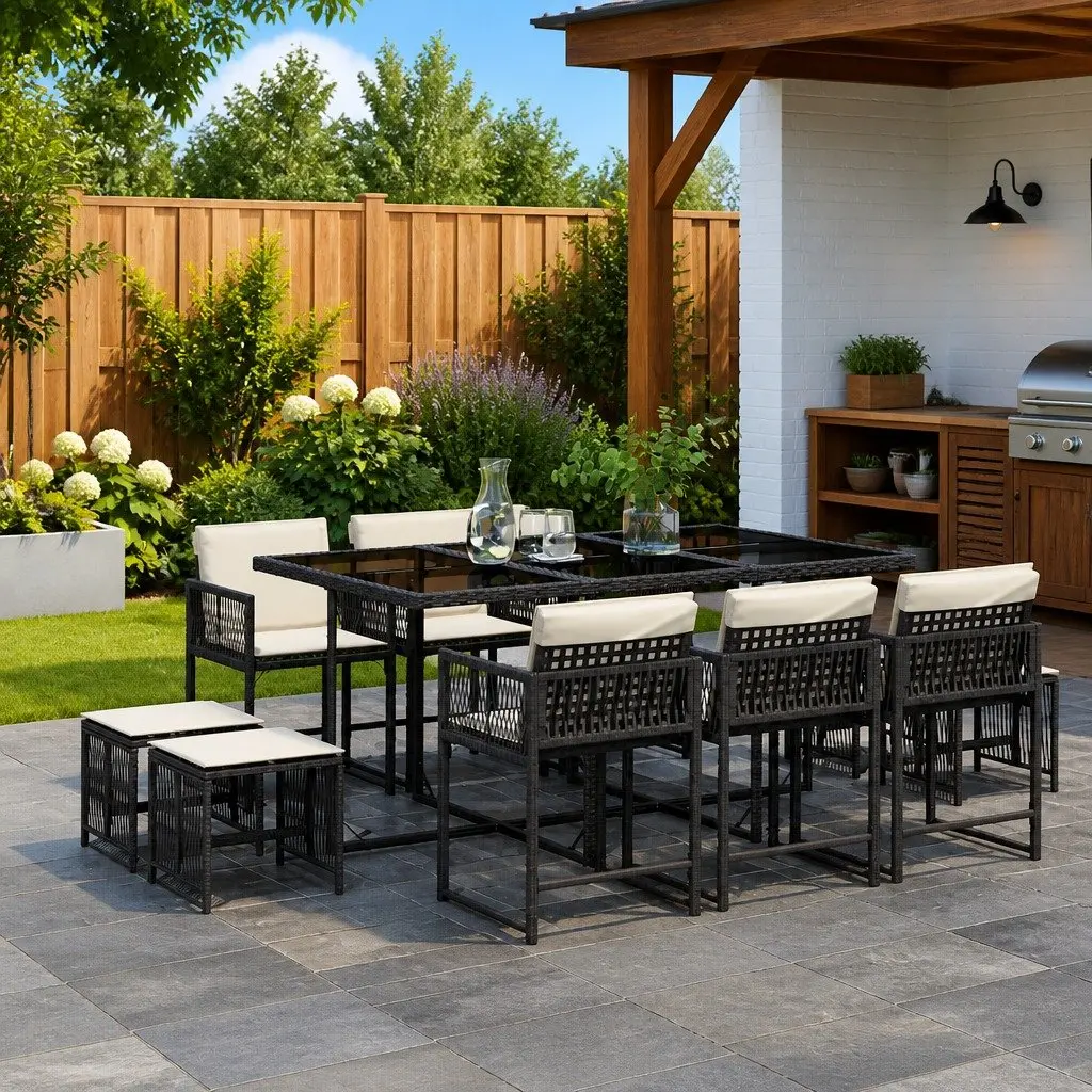 Garden Dining Set Black 11 Piece Outdoor Furniture Table Chairs Cushions