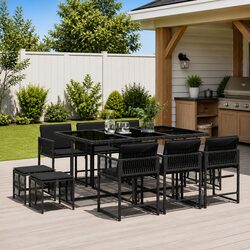 11 Piece Outdoor Garden Dining Set Black Poly Rattan Chairs Table Cushions