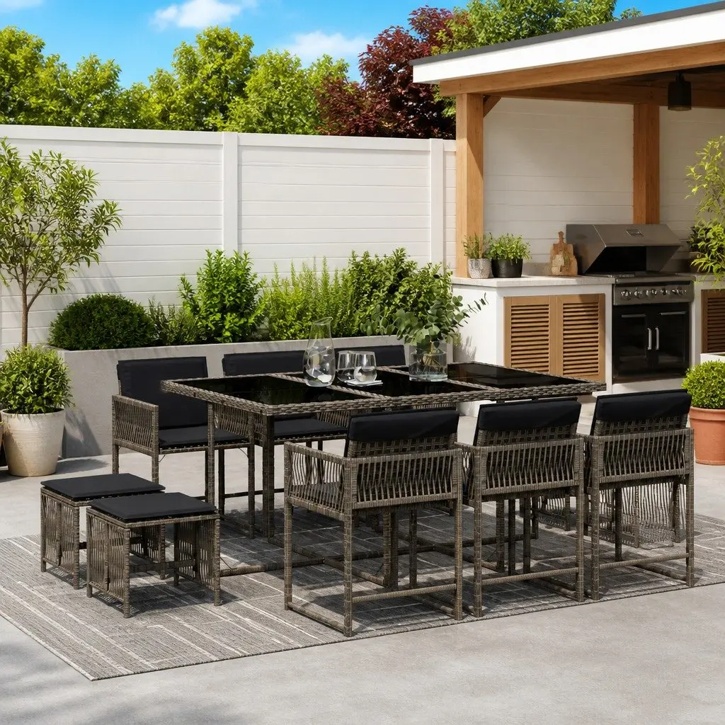 Garden Dining Set Grey 11 Piece PE Rattan Outdoor Furniture with Cushions