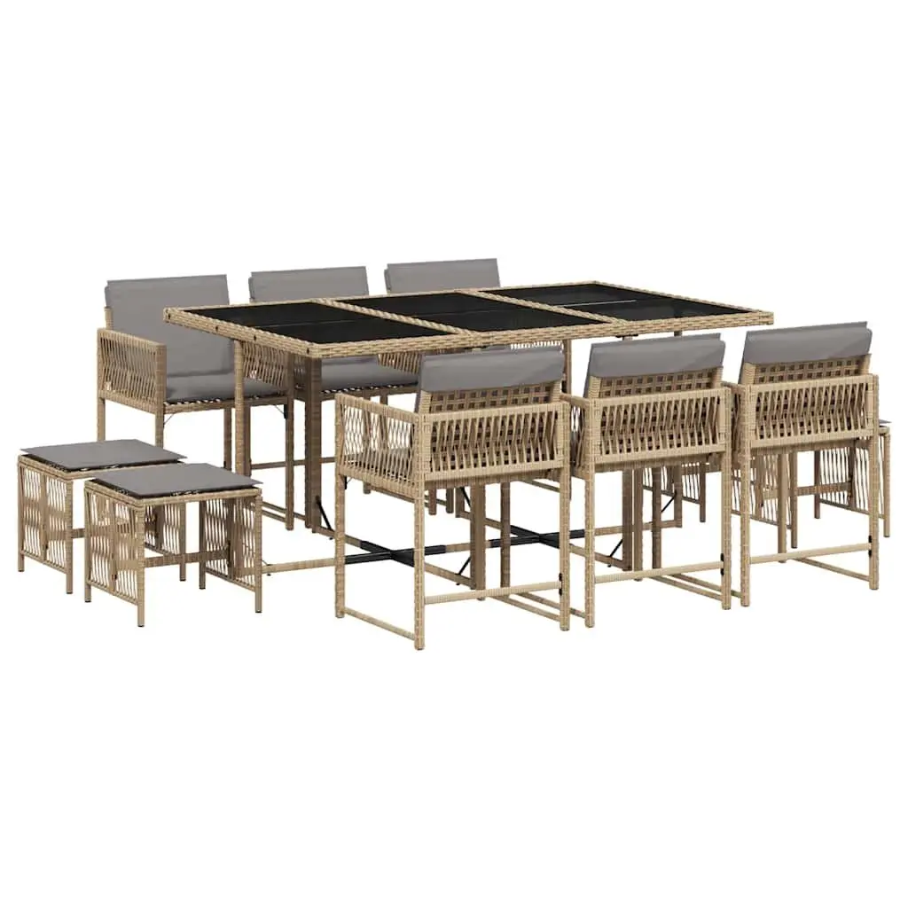 Garden Dining Set 11 Piece Outdoor Furniture Poly Rattan Cushions Patio Beige