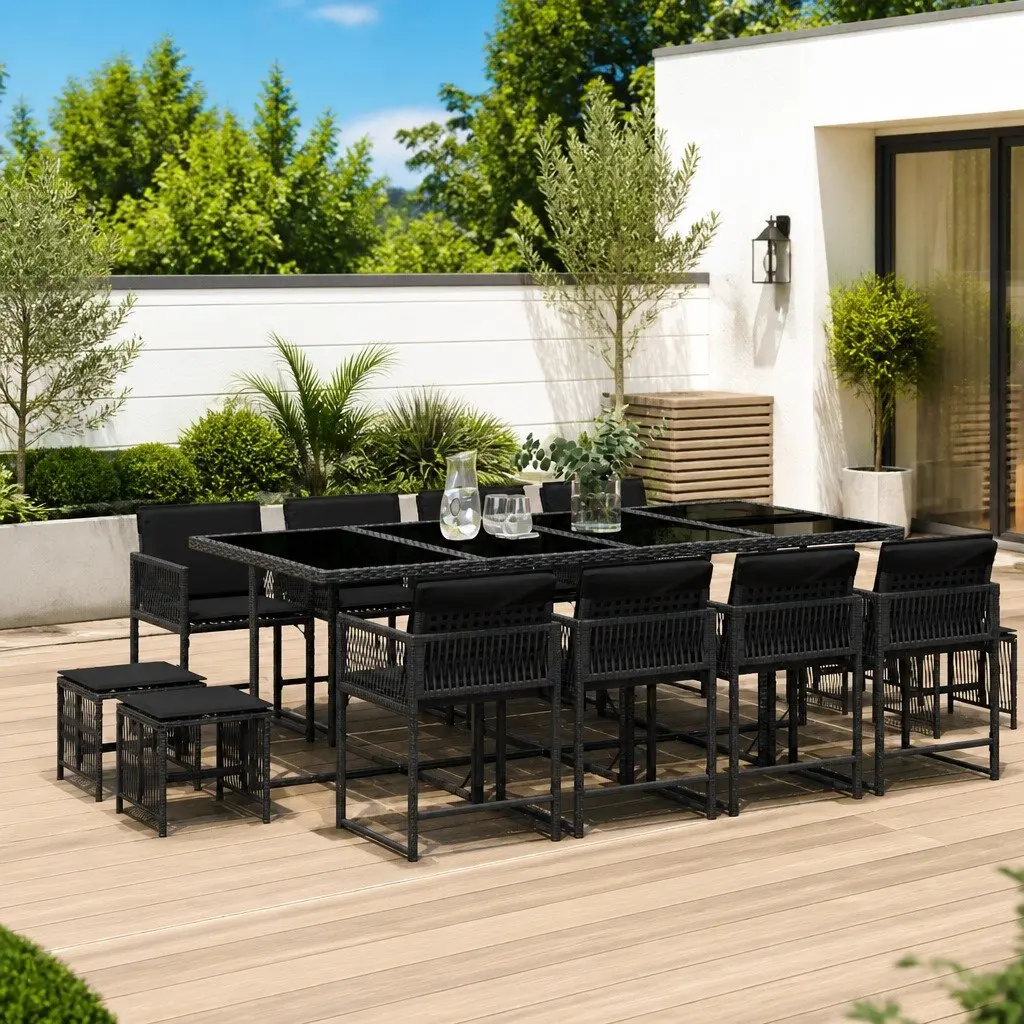 Garden Dining Set 13 Piece Outdoor Furniture Black Poly Rattan Chairs Table
