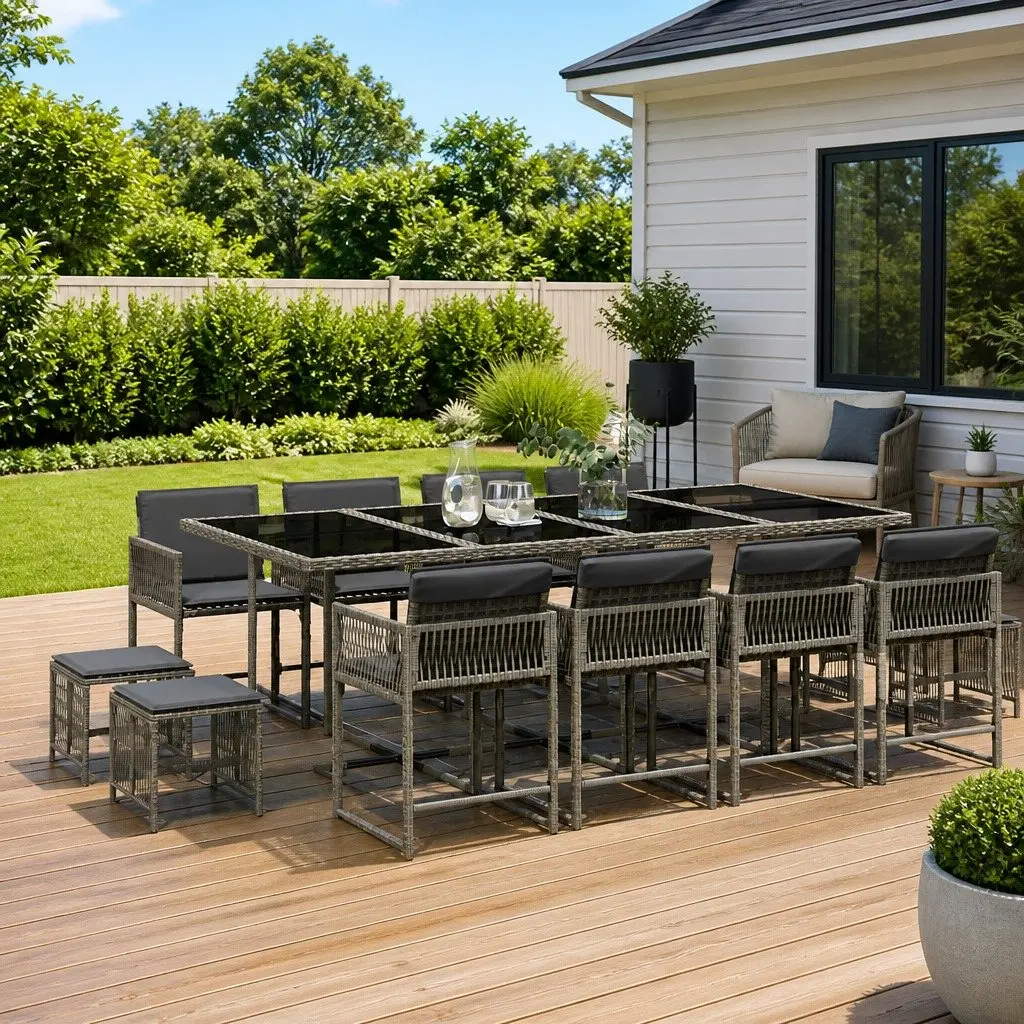 Garden Dining Set Grey 13 Piece PE Rattan Outdoor Furniture with Cushions