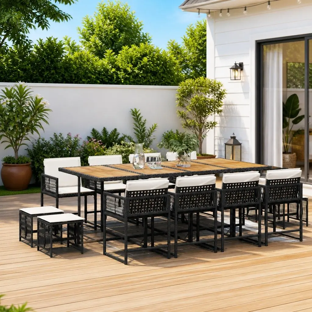 Garden Dining Set 13 Piece Black Poly Rattan Outdoor Furniture with Cushions