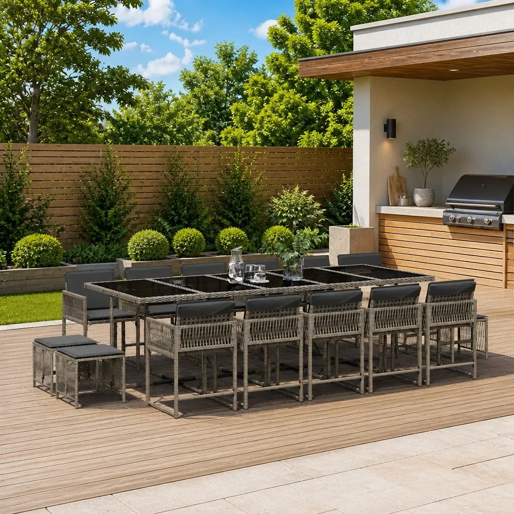 Garden Dining Set Grey 15 Piece PE Rattan Outdoor Furniture with Cushions