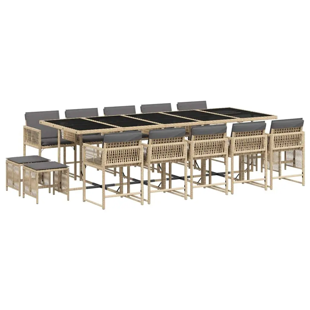 Garden Dining Set 15 Piece Outdoor Furniture Beige Poly Rattan Cushions Glass
