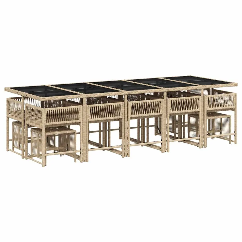Garden Dining Set 15 Piece Outdoor Furniture Beige Poly Rattan Cushions Glass