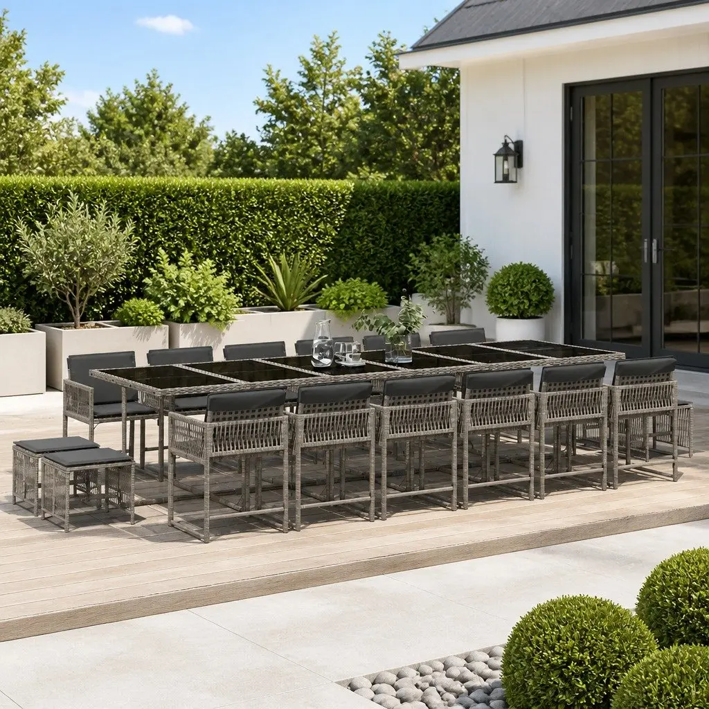 Garden Dining Set 17 Piece Outdoor Furniture Grey Poly Rattan Table Chairs