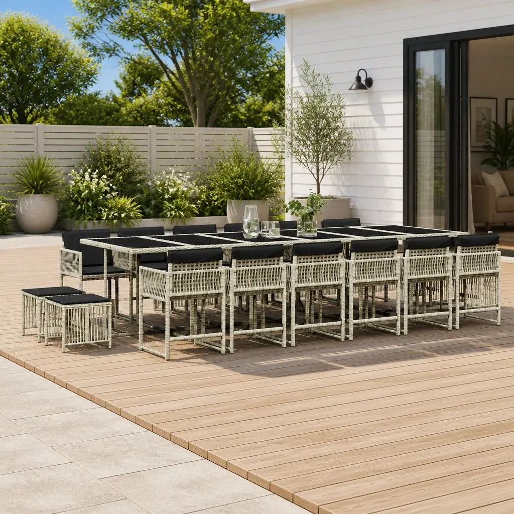 Garden Dining Set 17 Piece Outdoor Furniture Grey Poly Rattan with Cushions