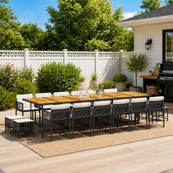 17 Piece Garden Dining Set Black Poly Rattan with Cushions Outdoor Furniture