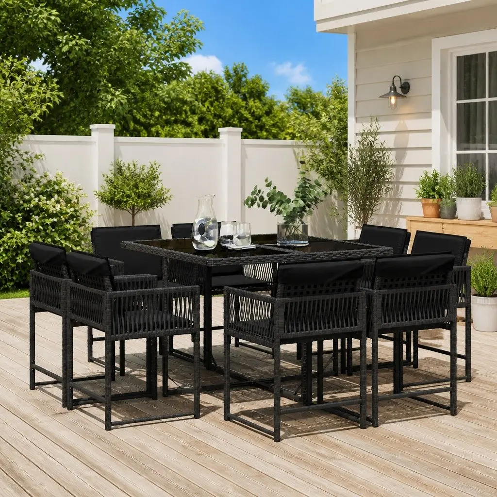 9 Piece Outdoor Garden Dining Set Black Poly Rattan Foldable Chairs with Cushions