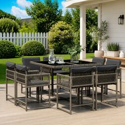 9 Piece Grey Rattan Dining Set for Outdoors