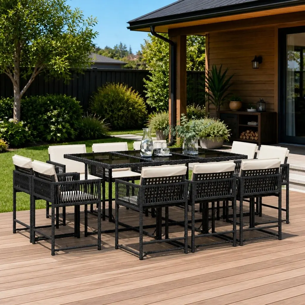 Garden Dining Set 11 Piece Outdoor Furniture Black Poly Rattan Chairs Table