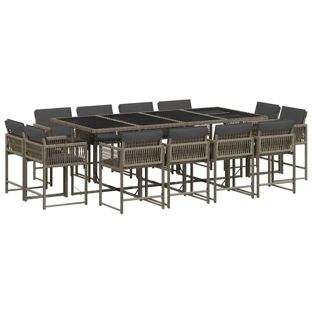 13 Piece Garden Dining Set Grey Poly Rattan Outdoor Furniture Cushions Glass Top