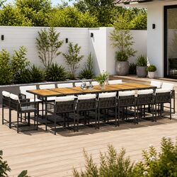 17 Piece Outdoor Garden Dining Set Black Poly Rattan Chairs Table with Cushions