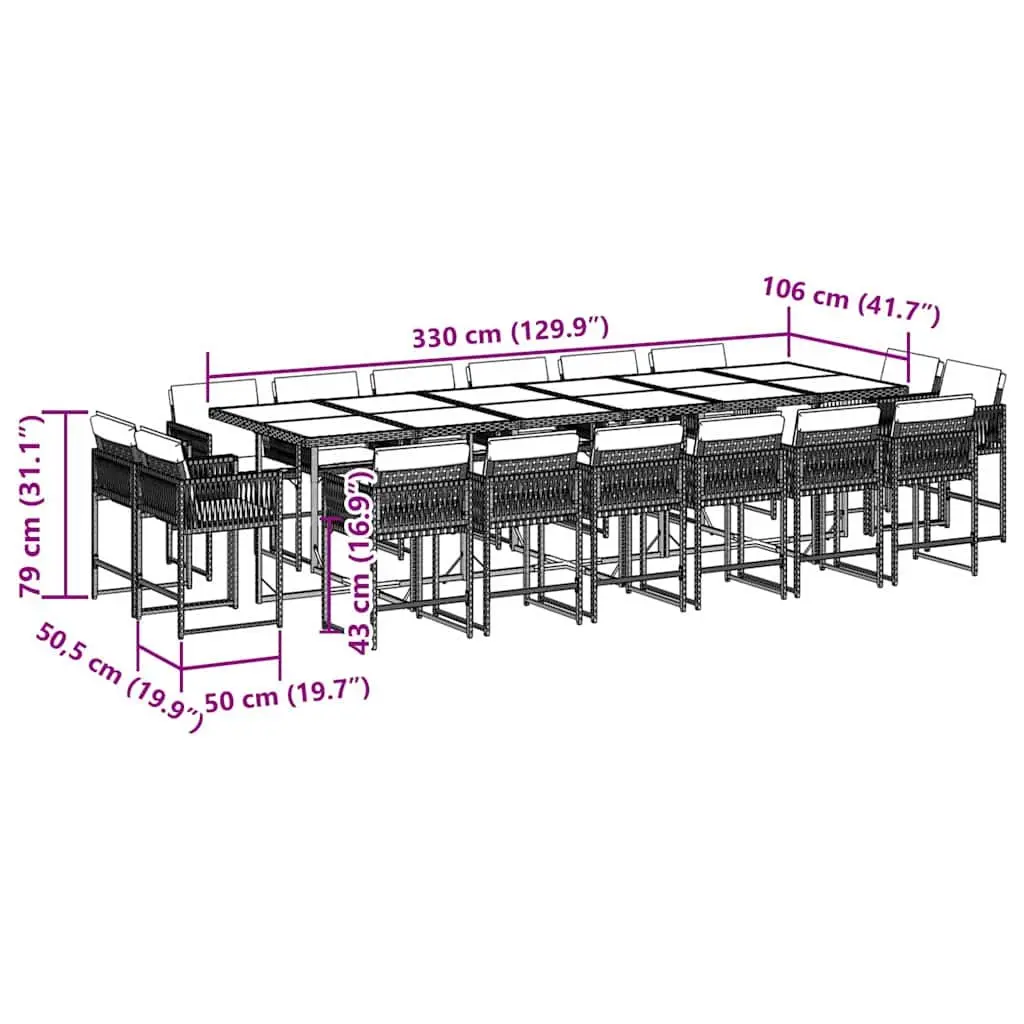 17 Piece Outdoor Garden Dining Set Black Poly Rattan Chairs Table with Cushions